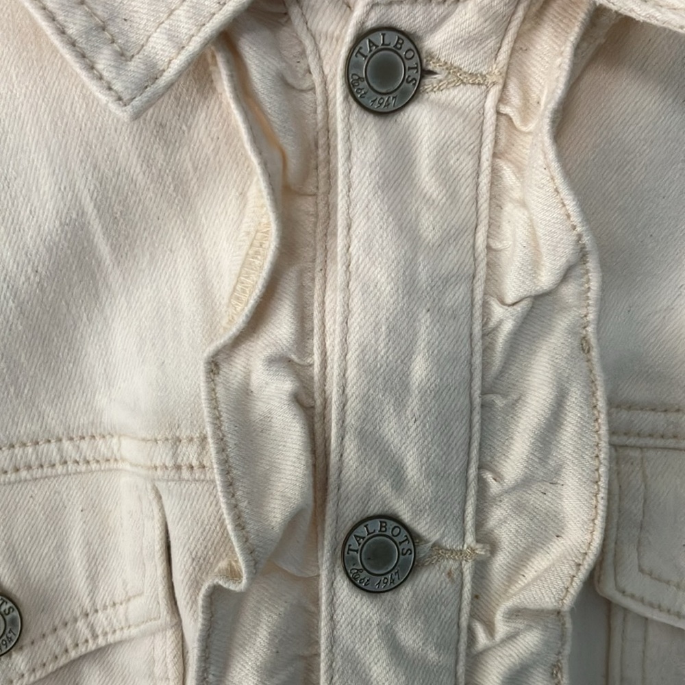 Talbots W 1X Off White Denim Jean Jacket with Ruffle Detail Classic Durable - Picture 4 of 9